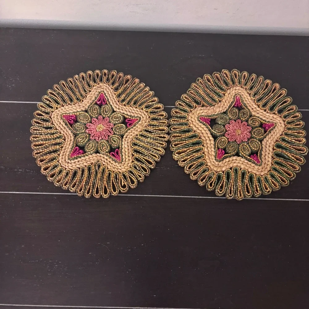 Vintage MCM Woven Straw Trivets Retro Set of 2 Star Floral‎ Boho 7.5